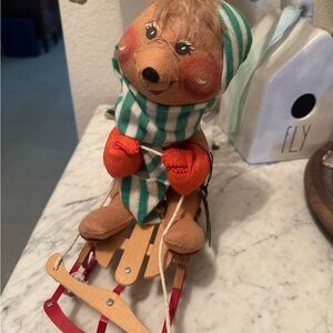 Striped vintage AnnaLee bear on sled Christmas decor